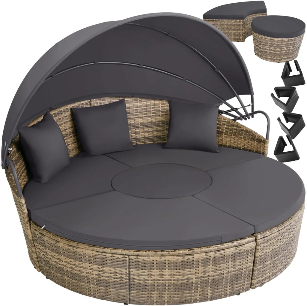tectake Rattan Island with Cushions, Garden Set with Folding Sliding Awning, Outdoor Garden Furniture with Steel Frame and UV Resistant, Combinable Terrace Set – Beige