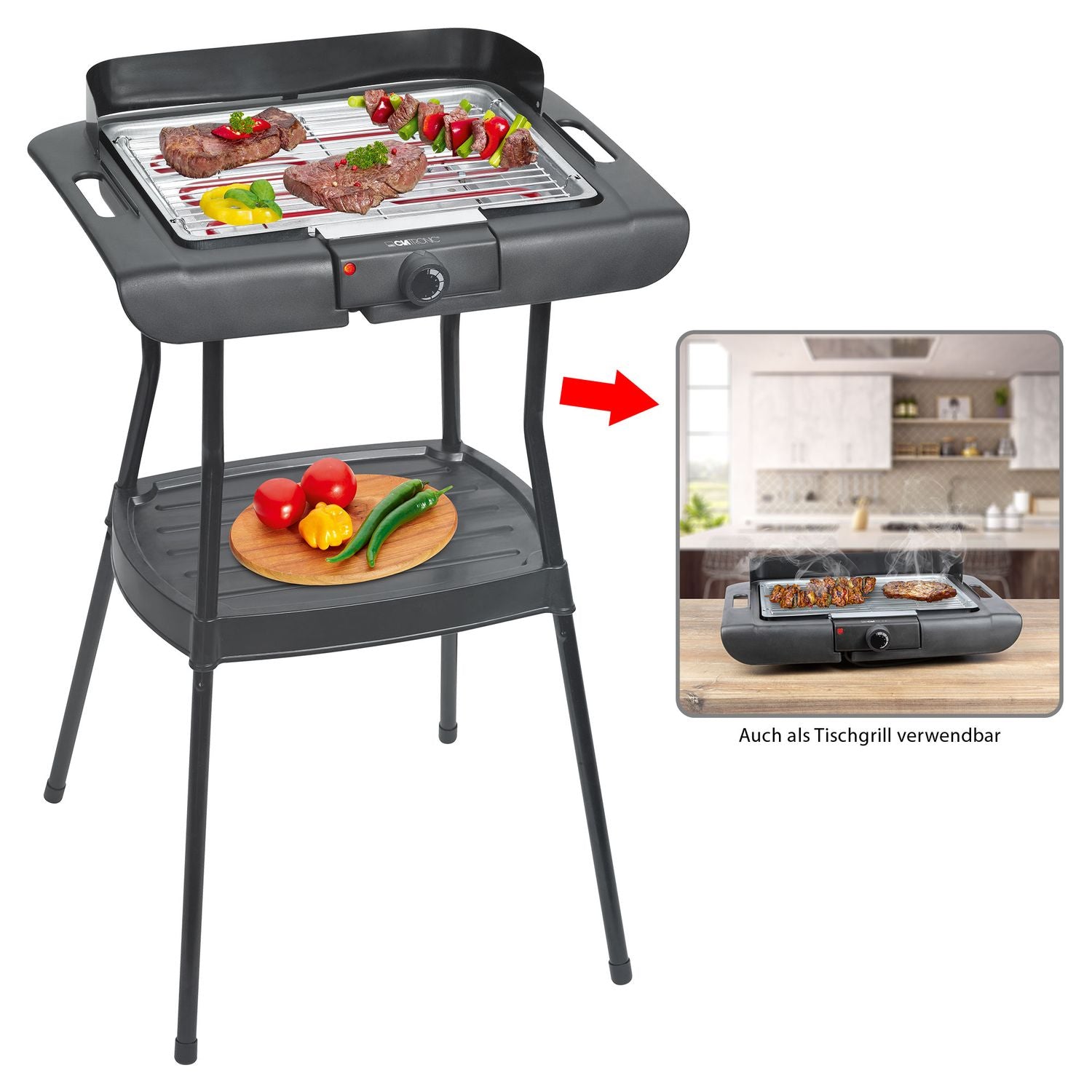 Barbacoa Eléctrica Con Patas, Parrilla Cromada, Ajuste Temperatura, Interior / Exterior Negro/plata 2000w Clatronic Bqs 3508