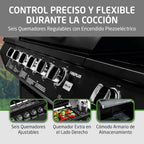 Barbacoa de gas Fireplus 6+1 de 12,9 kW - Acero inoxidable Negro - Parrilla con ruedas Modelo GRILL-6F - Barbacoa XXL con carro y termómetro - 138x52x103 cm - 7 quemadores y Bandeja lateral