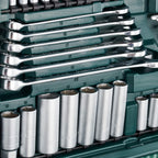 Mannesmann M98430 - Maletín con llaves de vaso y otras herramientas (215 piezas, tamaño: 12x36x51 cm), Color Verde Mannesmann