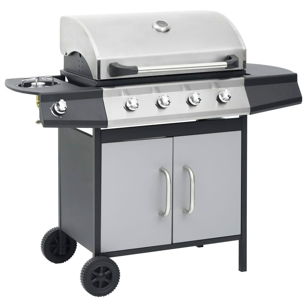 Barbacoa Grill De Gas 4+1 Quemadores Negra Y Plateada Vidaxl