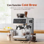AMZCHEF Espresso Maker with Built-in Grinder 20 Bars – Coffee Machine with 44 Grinding Settings, Milk Steamer, 4 Temperatures, Cold Coffee Function, Stainless Steel, 1.8L Tank