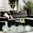 BUDWING John Sofá Cama Esquinero 4 Plazas - Chaise Longue Reversible, Reposacabezas Ajustable y 2 Pufs – Tapizado en Poliuretano – Estilo Moderno – 263x161x96 cm – Negro
