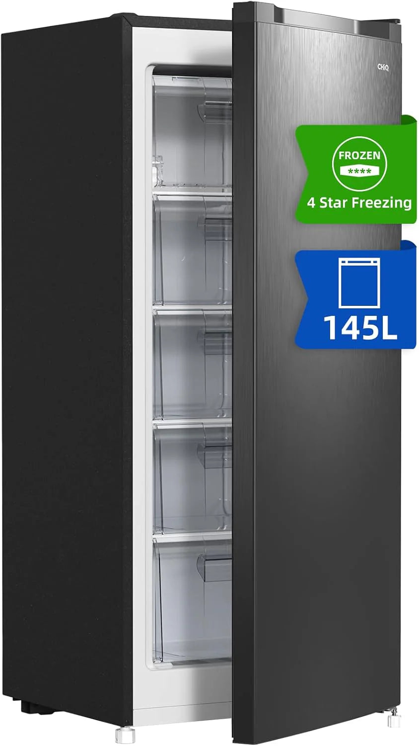 CHiQ Freestanding Upright Freezer, 145L Capacity, Quick Freeze, Adjustable Thermostat, Quiet, Reversible Door, Black, Energy Rating E