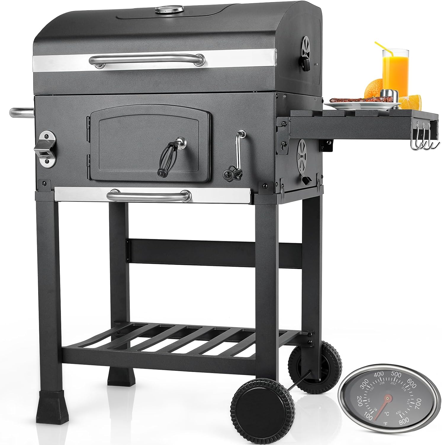 Barbacoa de Carbon XXL, Parrilla de Carbón con Chimenea y Tapa, Parrilla con Carrito BBQ Smoker con Ruedas y Termómetro, Grande BBQ Carbon para Camping y Jardín