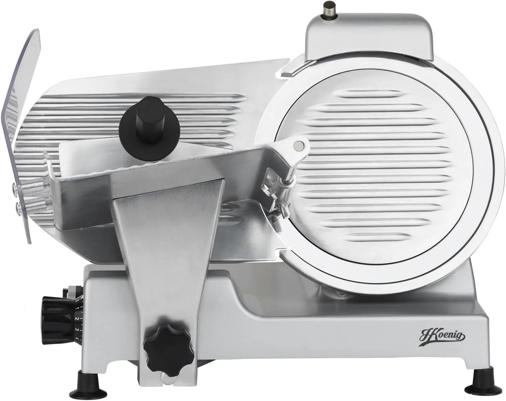 H.Koenig MSX250 Professional Precision Electric Meat Slicer 0-12 mm Cutting Thickness 25 cm Italian Blade Integrated Sharpener Wide Tray 282 RPM Silver