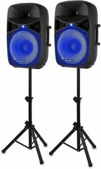 Vonyx VPS152A Powered Speakers Pack of 2 1000W Portable Active/Passive Bluetooth Speakers, 15 Inch, Wired Microphone, Remote Control, Tripods, MP3 Player with USB/SD, LEDs