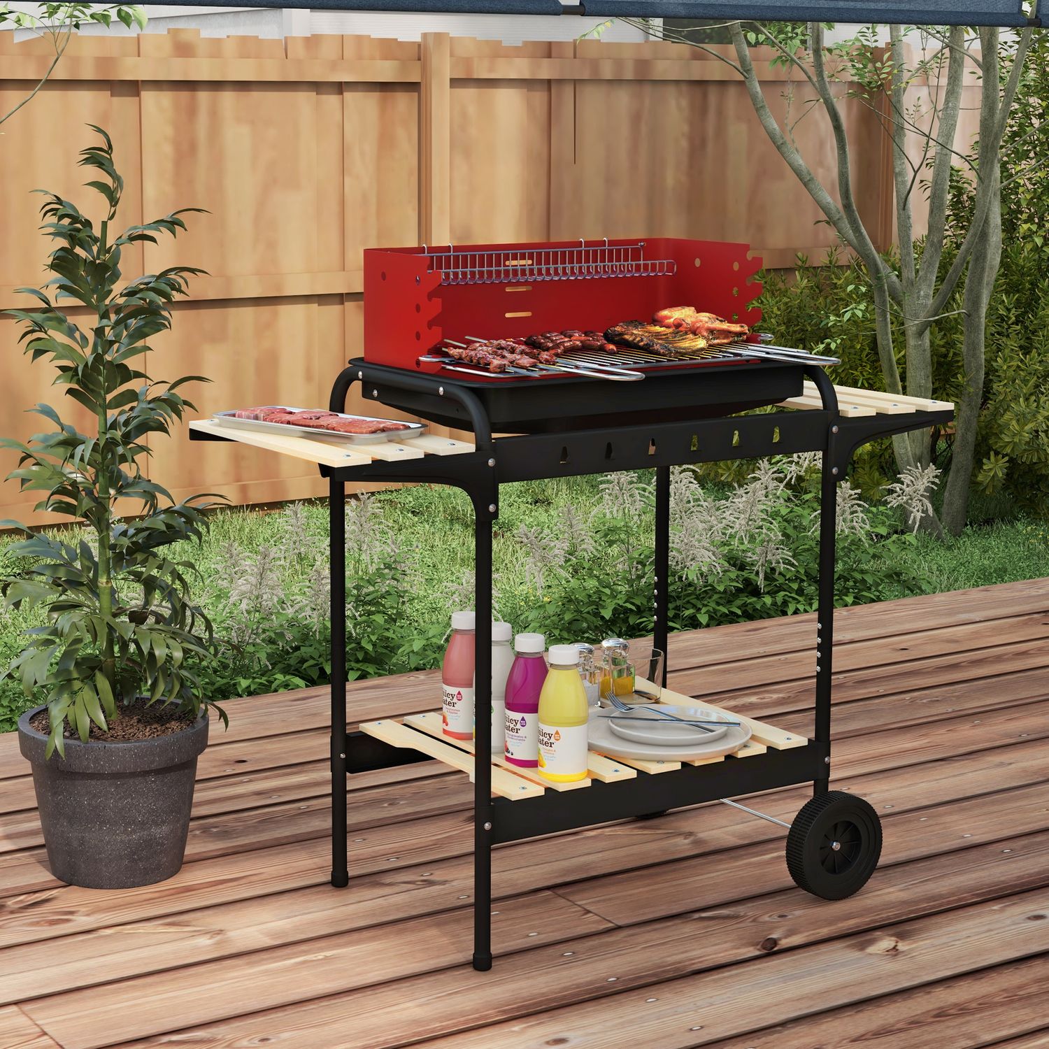 Barbacoa De Carbón Outsunny Metal Pino, 103x47x95 Cm, Rojo Y Negro