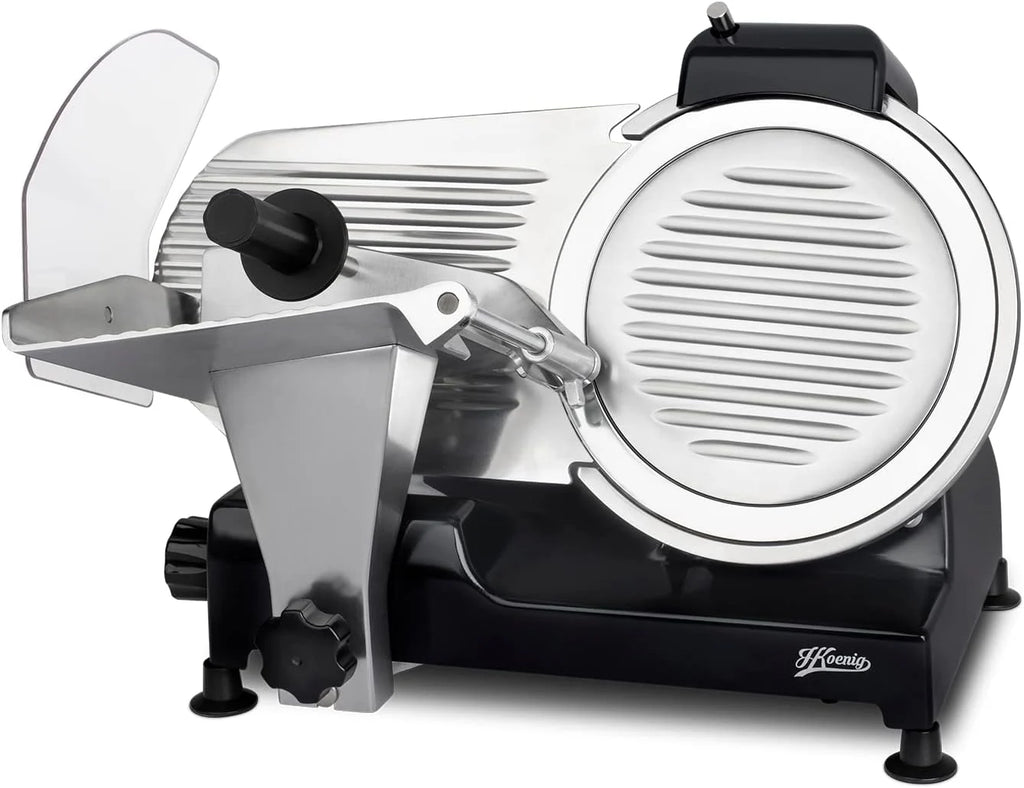 H.Koenig MSX250 Professional Precision Electric Meat Slicer 0-12 mm Cutting Thickness 25 cm Italian Blade Integrated Sharpener Wide Tray 282 RPM Silver