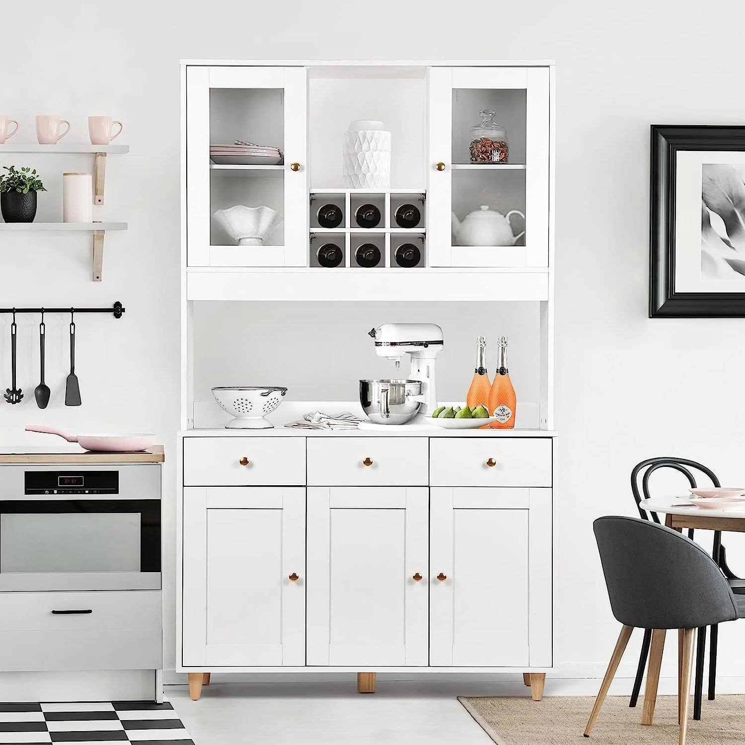 VOWNER Armario Aparador Cocina/Buffet, 100L x 38W x 181H cm, Mueble Auxiliar de Almacenaje, 5 Puertas y 5 Baldas Ajustables, Blanco