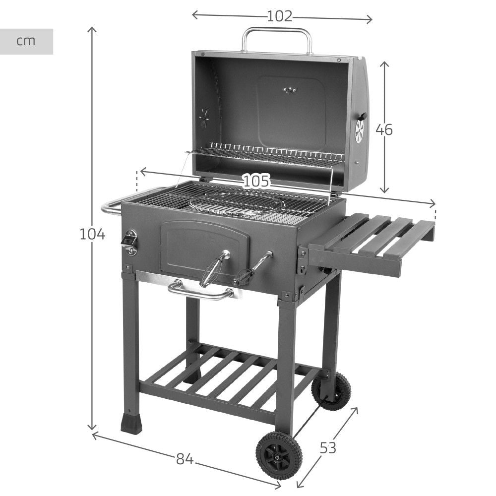 Barbacoa Portátil Carbón Con Ahumador 102x65x104 Cm - Acero. Negro
