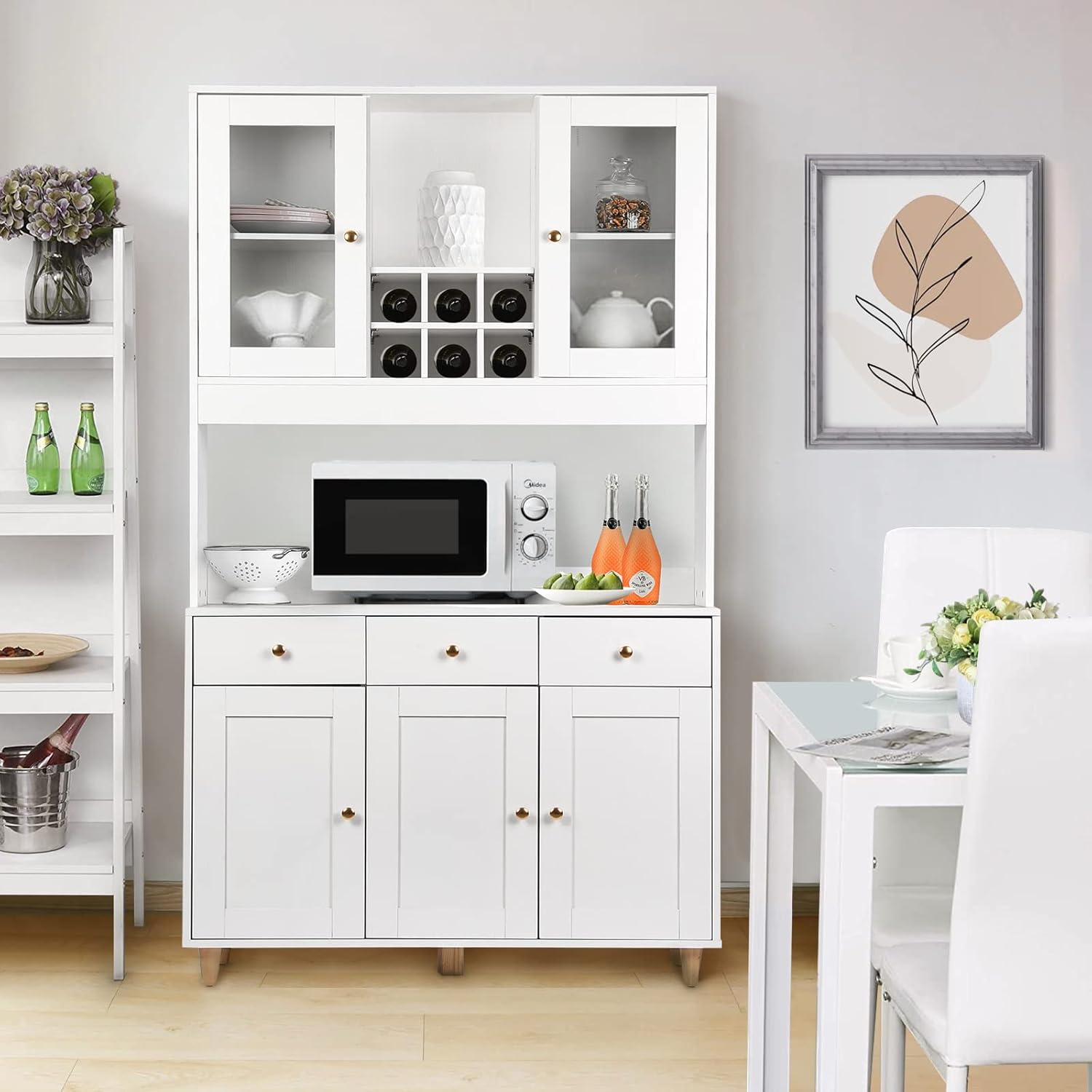 VOWNER Armario Aparador Cocina/Buffet, 100L x 38W x 181H cm, Mueble Auxiliar de Almacenaje, 5 Puertas y 5 Baldas Ajustables, Blanco