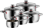 WMF Quaity One 9-Piece Cookware Set, Stainless Steel Suitable for Induction, 1 Low Saucepan 20 cm, 3 Saucepans 16 cm, 20 cm and 24 cm, 1 Saucepan 16 cm with 4 Glass Lids