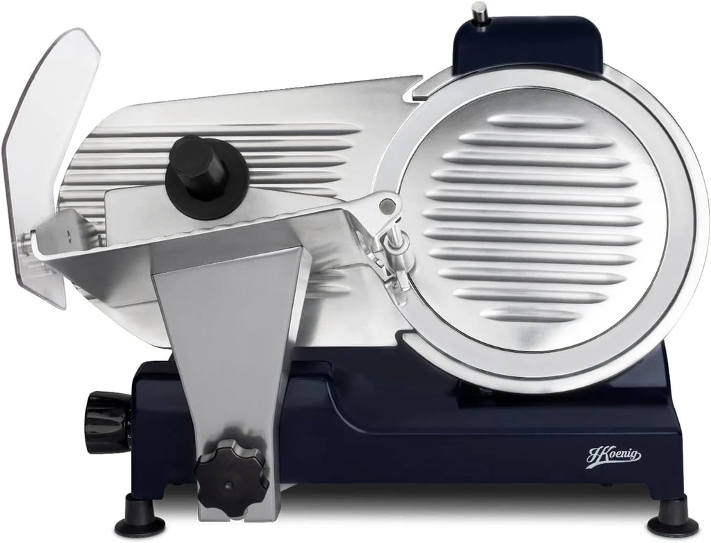 H.Koenig MSX250 Professional Precision Electric Meat Slicer 0-12 mm Cutting Thickness 25 cm Italian Blade Integrated Sharpener Wide Tray 282 RPM Silver