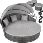 tectake Rattan Island with Cushions, Garden Set with Folding Sliding Awning, Outdoor Garden Furniture with Steel Frame and UV Resistant, Combinable Terrace Set – Beige