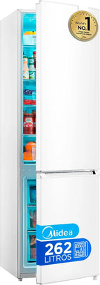 Midea White Combi Fridge 262 L | 55 cm x 177 cm | Combi Fridge with 65L Freezer and Low Frost Technology - Independent Low Consumption Refrigerator, Reversible Doors, Silent 39 dB