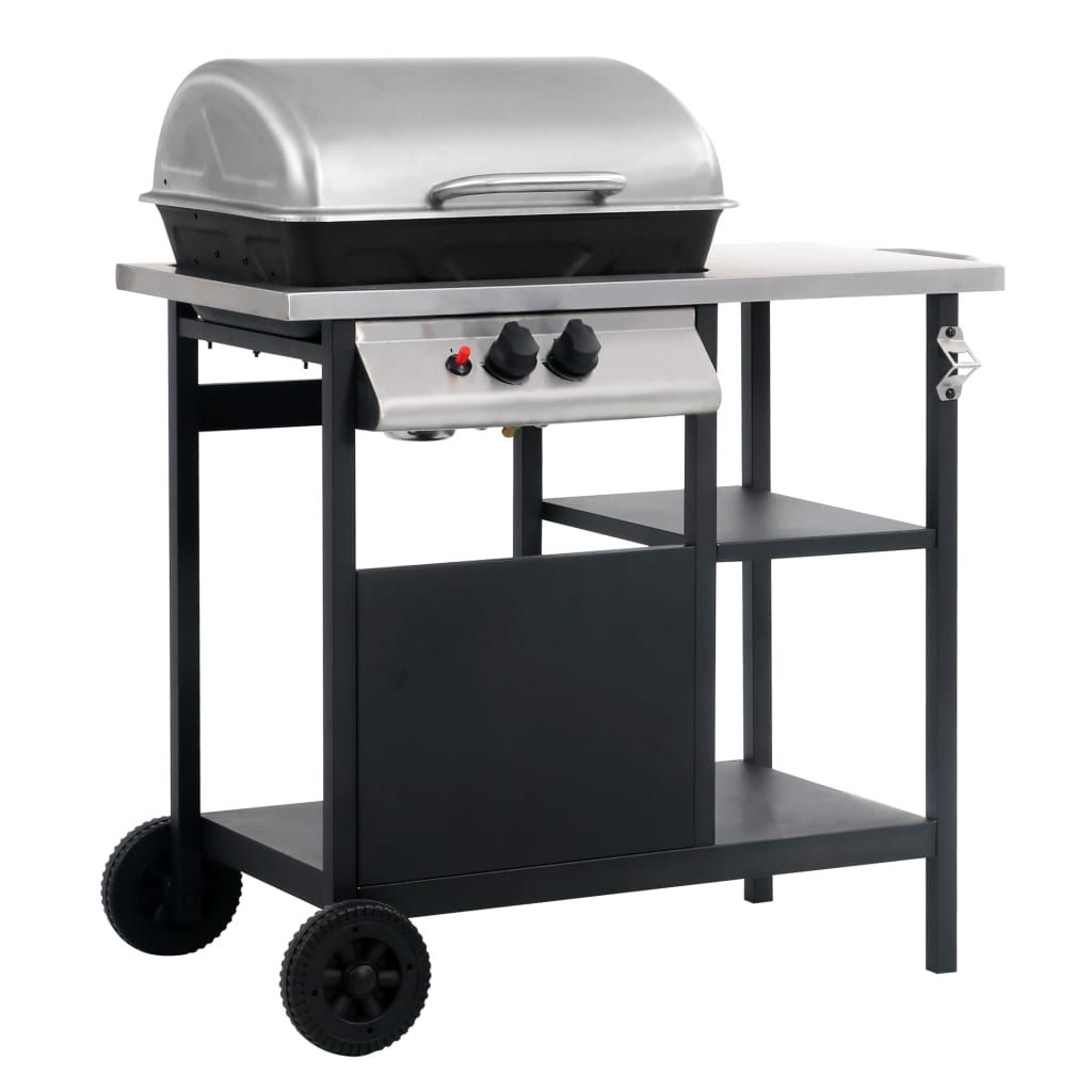 Barbacoa Portátil De Gas Con Mesita 3 Estantes Negro Y Plateado Vidaxl