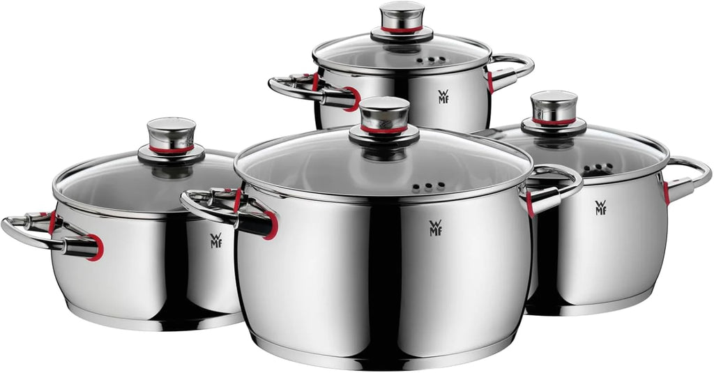 WMF Quaity One 9-Piece Cookware Set, Stainless Steel Suitable for Induction, 1 Low Saucepan 20 cm, 3 Saucepans 16 cm, 20 cm and 24 cm, 1 Saucepan 16 cm with 4 Glass Lids