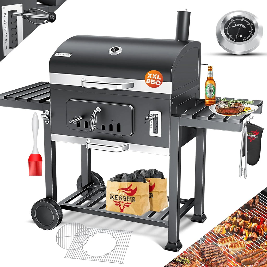 KESSER® Charcoal Grill with Grill Cart with Lid, Wheels, Stainless Steel Handle | Barbecue and Thermometer Charcoal Large BBQ Grill Camping Terrace Garden XXL Black