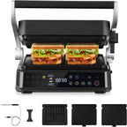 AMZCHEF Parrilla Eléctrica con 6 Programas, Función Sear hasta 280°C, Modo Manual, Sensor de Temperatura, Placas Desmontables y Bandeja para Gofres, Ideal para Carne, Pescado, Paninis y Gofres