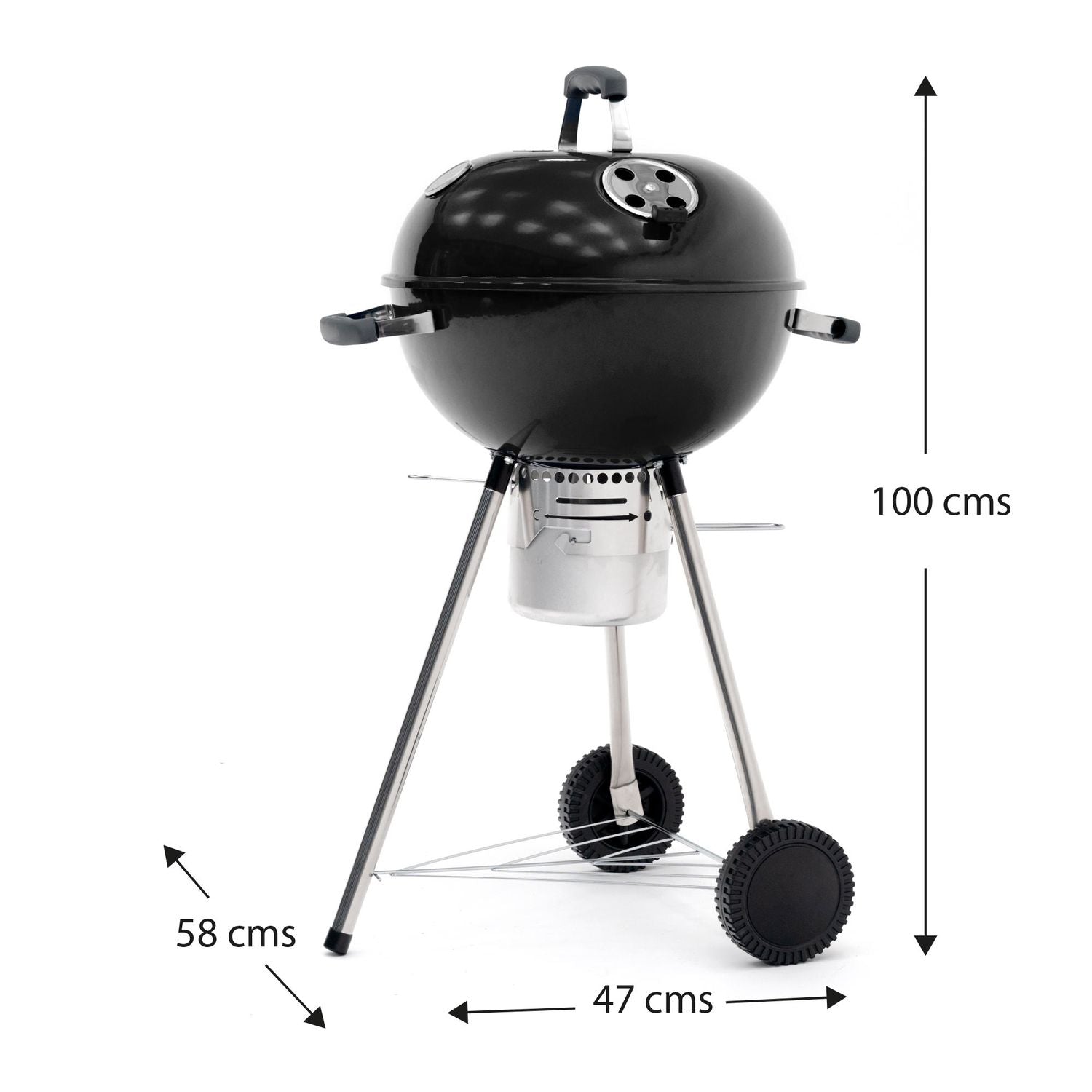 Barbacoa De Carbón Portátil Con Ruedas Kekai Yellowstone 58x47x100 Cm Redonda Con Tapa Y Encendedor Esmaltado En Negro