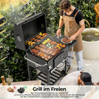Barbacoa de Carbon XXL, Parrilla de Carbón con Chimenea y Tapa, Parrilla con Carrito BBQ Smoker con Ruedas y Termómetro, Grande BBQ Carbon para Camping y Jardín