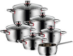WMF Quaity One 9-Piece Cookware Set, Stainless Steel Suitable for Induction, 1 Low Saucepan 20 cm, 3 Saucepans 16 cm, 20 cm and 24 cm, 1 Saucepan 16 cm with 4 Glass Lids