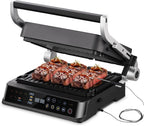 AMZCHEF Parrilla Eléctrica con 6 Programas, Función Sear hasta 280°C, Modo Manual, Sensor de Temperatura, Placas Desmontables y Bandeja para Gofres, Ideal para Carne, Pescado, Paninis y Gofres