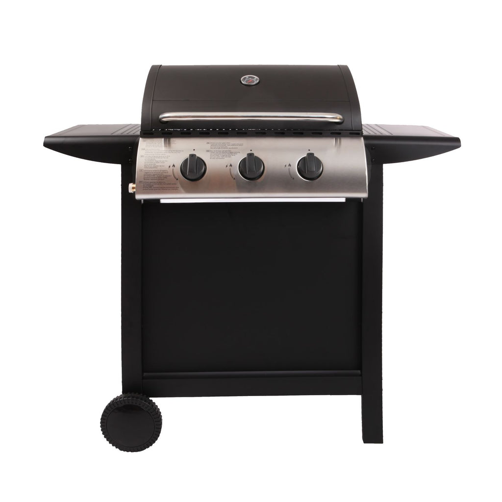 Lofoten - Barbacoa De Gas Para Exterior 3 Quemadores De 8,4 Kw Sobre Ruedas Con Tapa, 2 Parrillas De Acero Cromado, 2 Estantes Laterales, 1 Bandeja Baja Y Termómetro - Negro