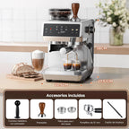 AMZCHEF Espresso Maker with Built-in Grinder 20 Bars – Coffee Machine with 44 Grinding Settings, Milk Steamer, 4 Temperatures, Cold Coffee Function, Stainless Steel, 1.8L Tank
