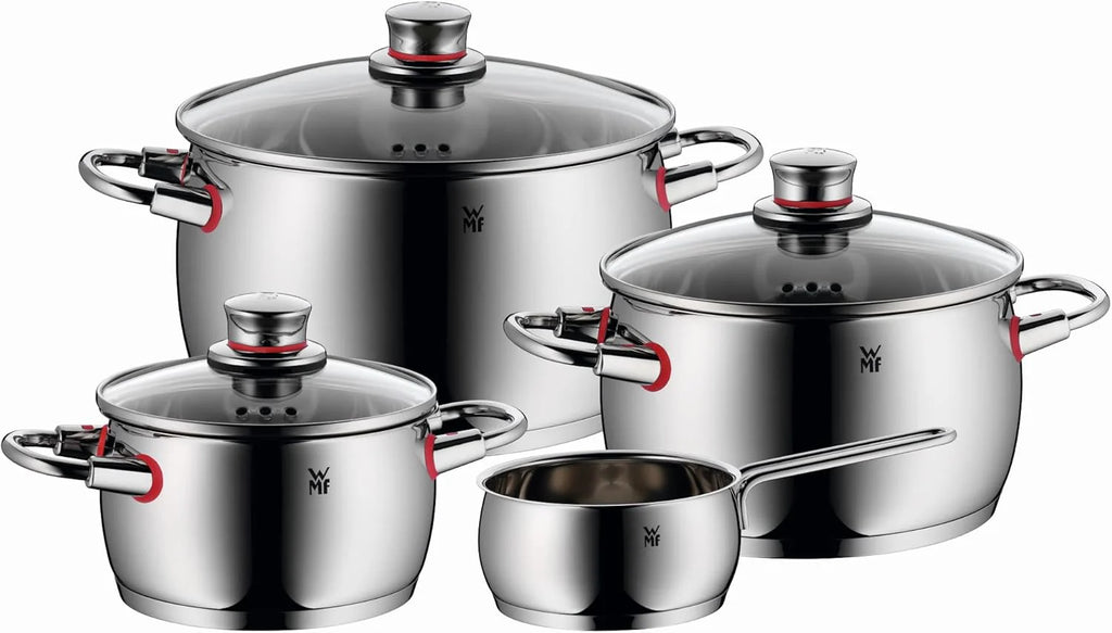 WMF Quaity One 9-Piece Cookware Set, Stainless Steel Suitable for Induction, 1 Low Saucepan 20 cm, 3 Saucepans 16 cm, 20 cm and 24 cm, 1 Saucepan 16 cm with 4 Glass Lids