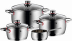 WMF Quaity One 9-Piece Cookware Set, Stainless Steel Suitable for Induction, 1 Low Saucepan 20 cm, 3 Saucepans 16 cm, 20 cm and 24 cm, 1 Saucepan 16 cm with 4 Glass Lids